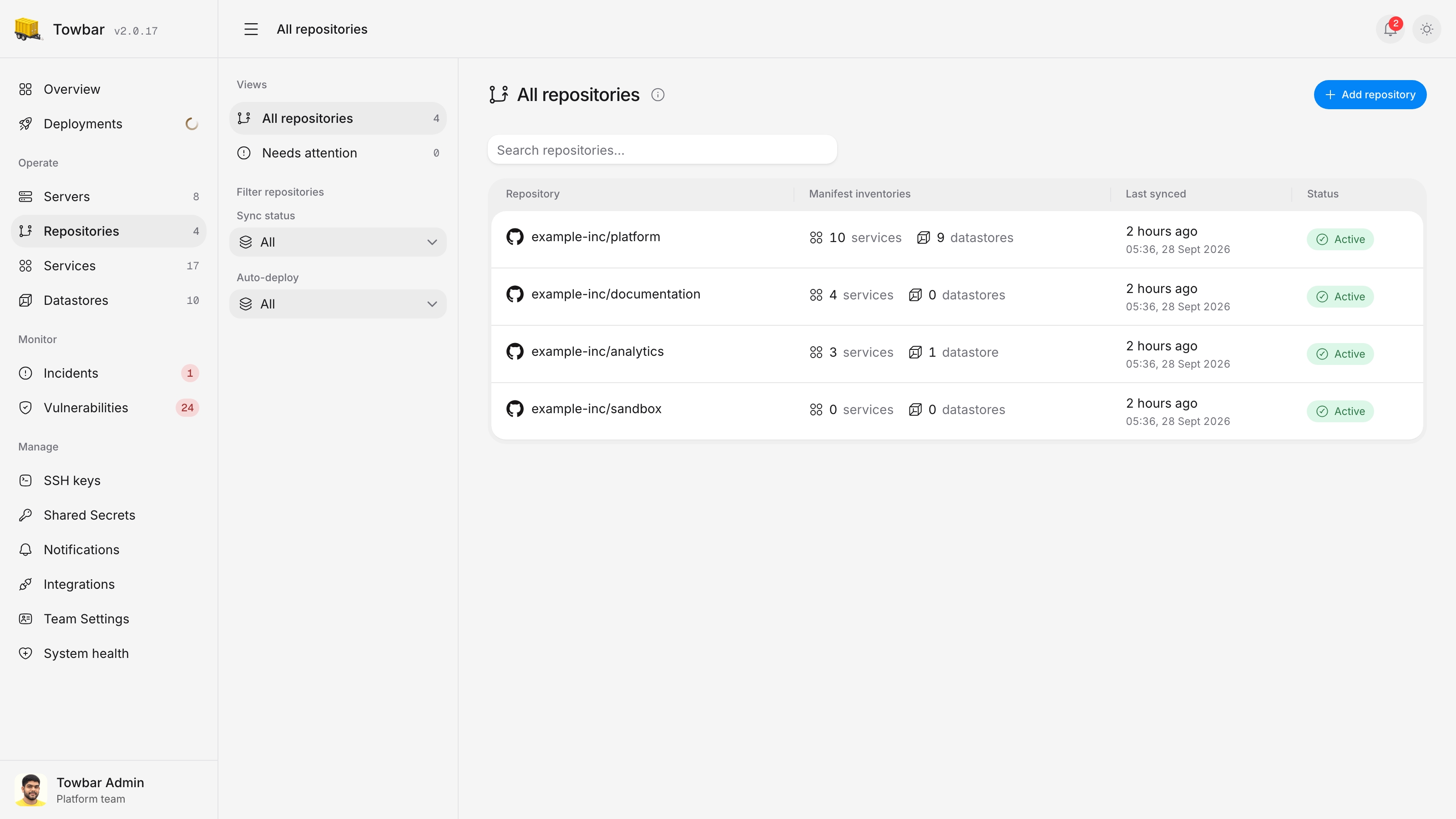 Repositories show imported Service and Datastore counts and the latest sync time.