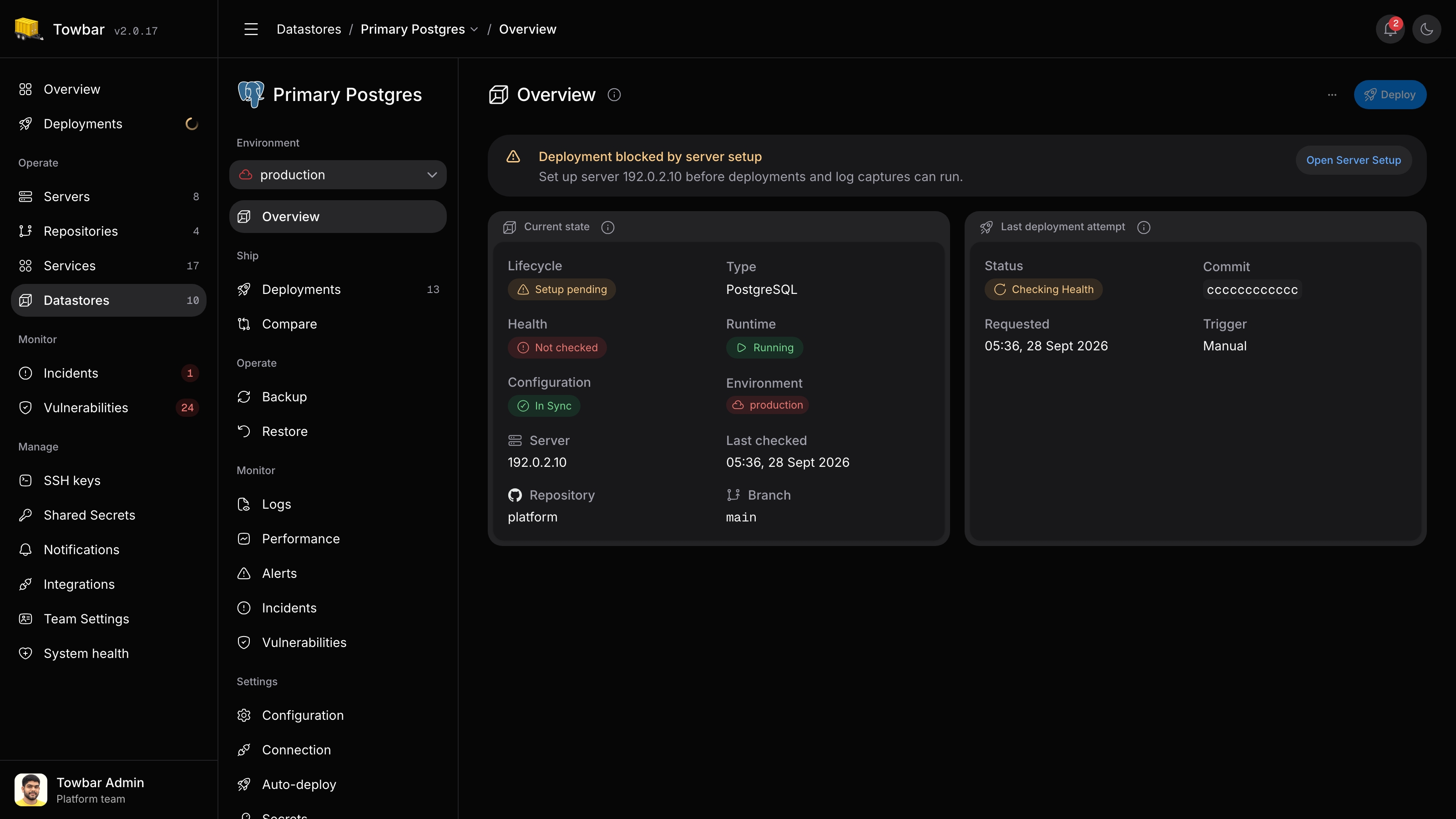 Example PostgreSQL Datastore showing production and staging selection, runtime state, server readiness, and the latest deployment.