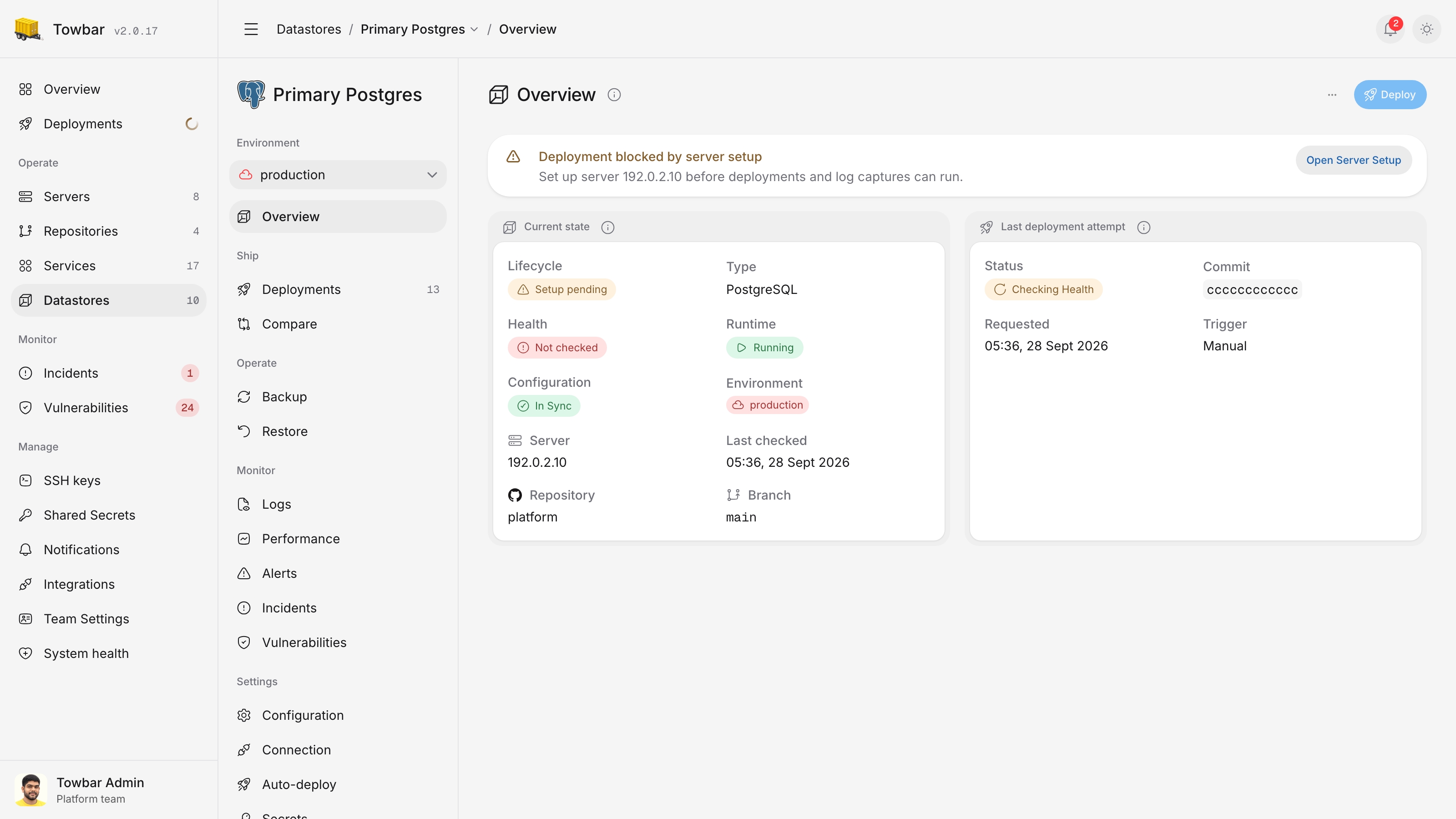 Example PostgreSQL Datastore showing production and staging selection, runtime state, server readiness, and the latest deployment.