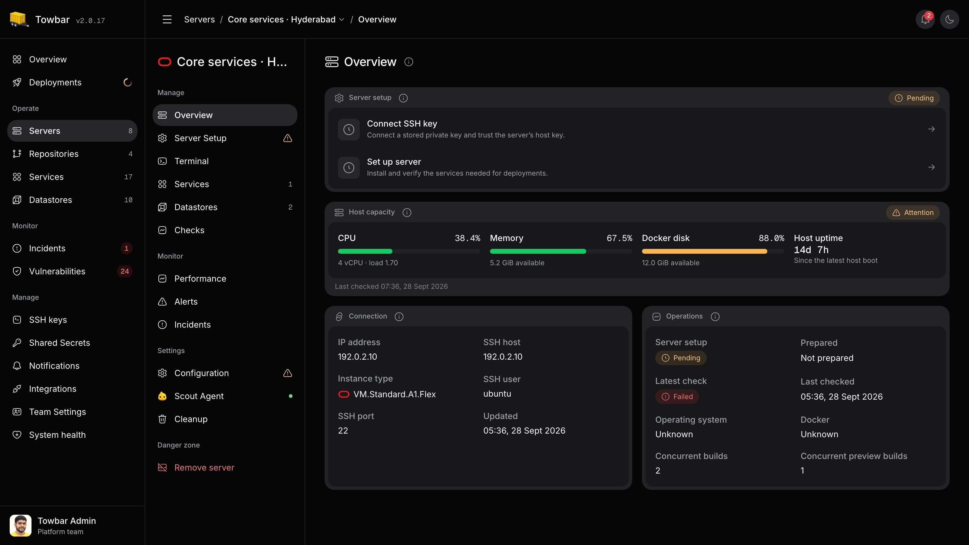An example server’s host capacity panel showing CPU, memory, disk usage, and uptime.