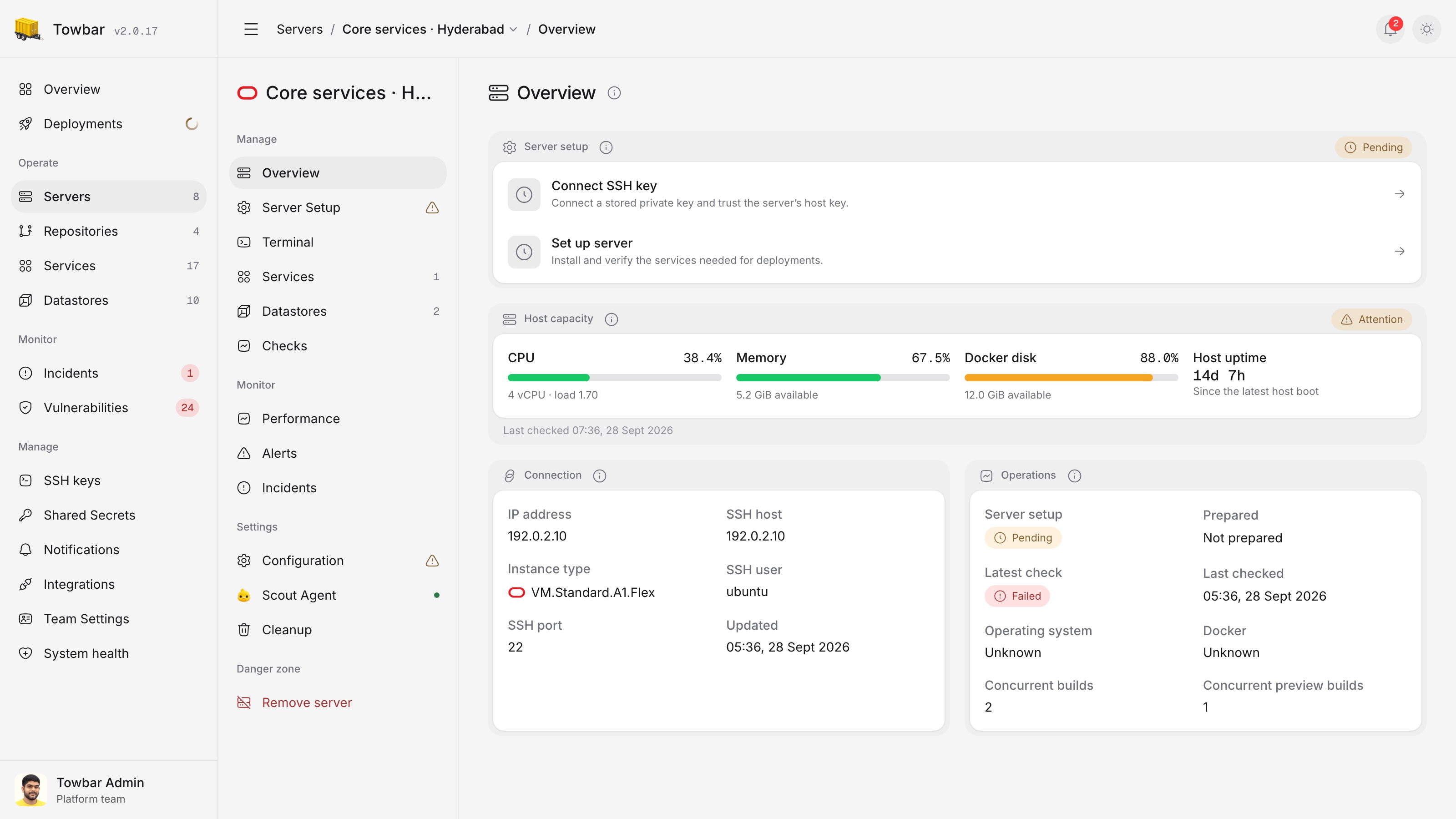 An example server’s host capacity panel showing CPU, memory, disk usage, and uptime.