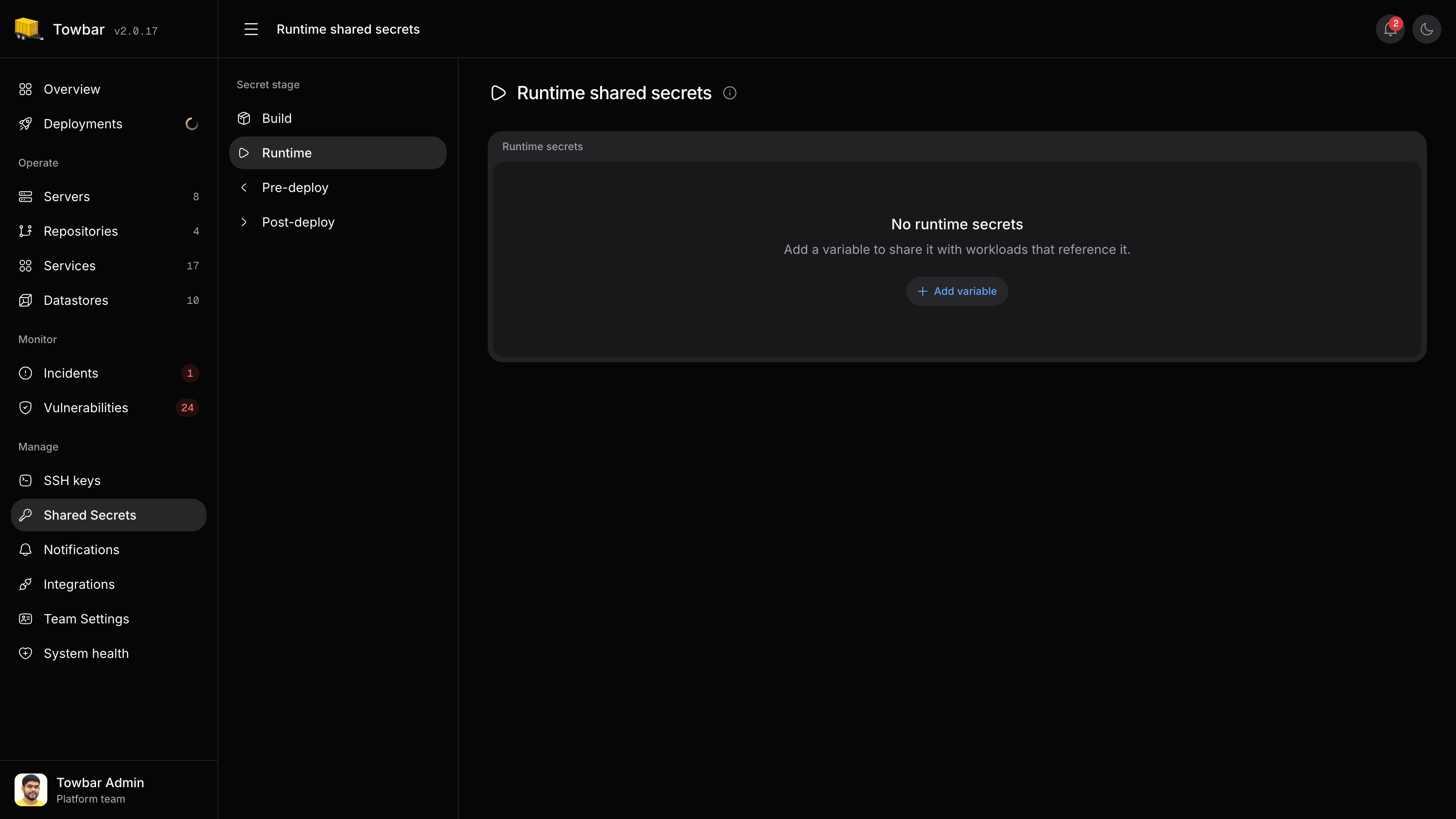 Shared secret settings in an example Towbar workspace. Stored values stay masked.