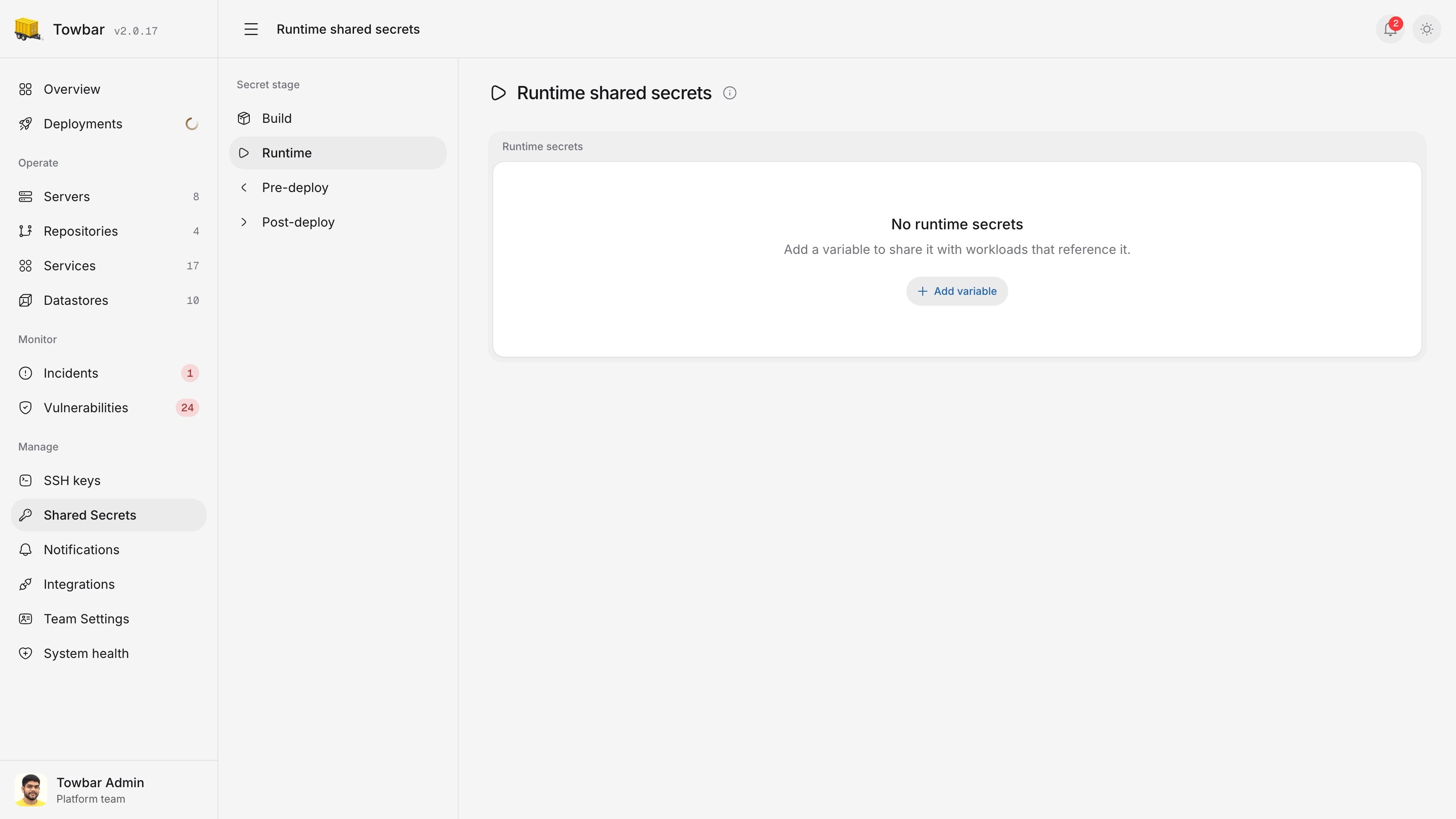 Shared secret settings in an example Towbar workspace. Stored values stay masked.
