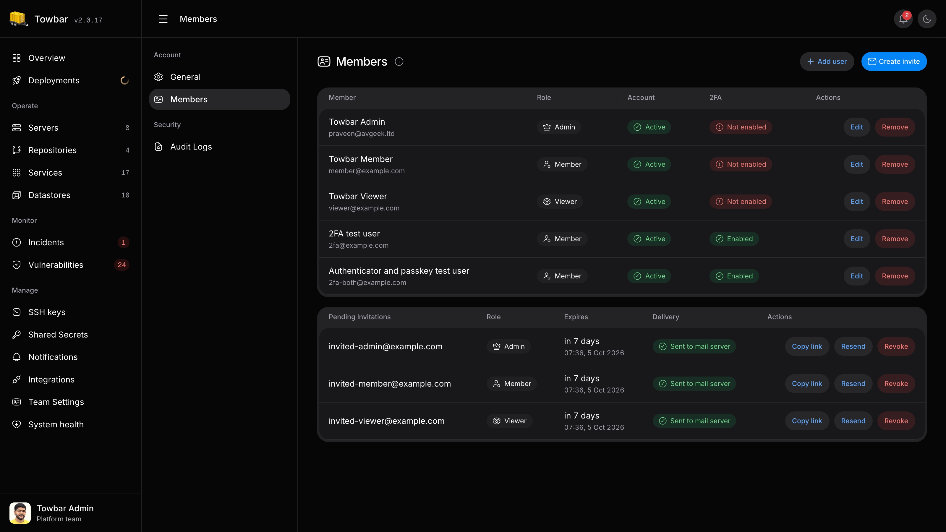 Team members and pending invitations with Admin, Member, and Viewer roles.