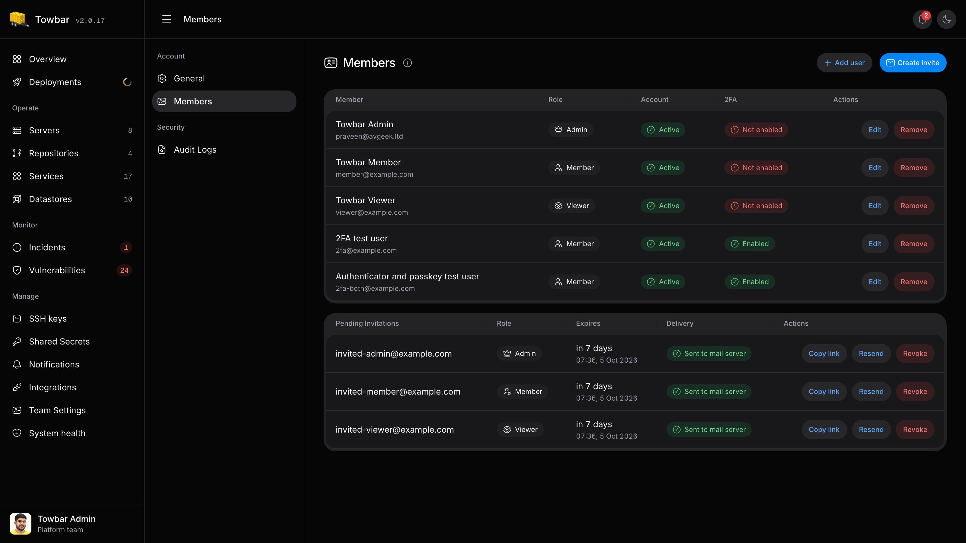 Team members and pending invitations with Admin, Member, and Viewer roles.