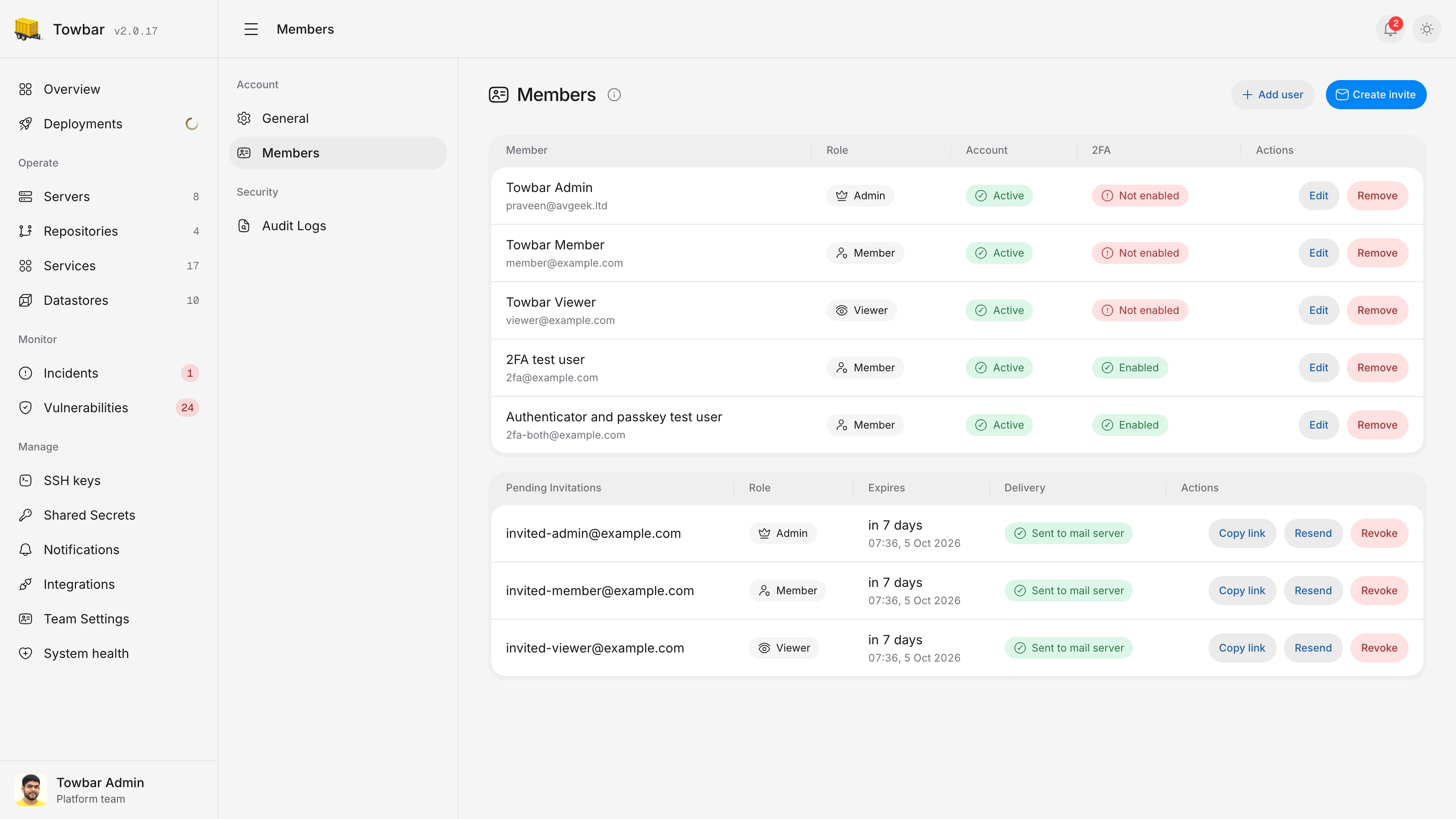 Team members and pending invitations with Admin, Member, and Viewer roles.