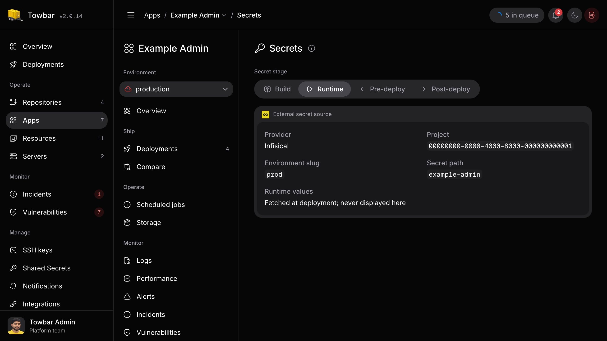 An application's Secrets page showing its Infisical project, environment slug, and secret path without revealing values.