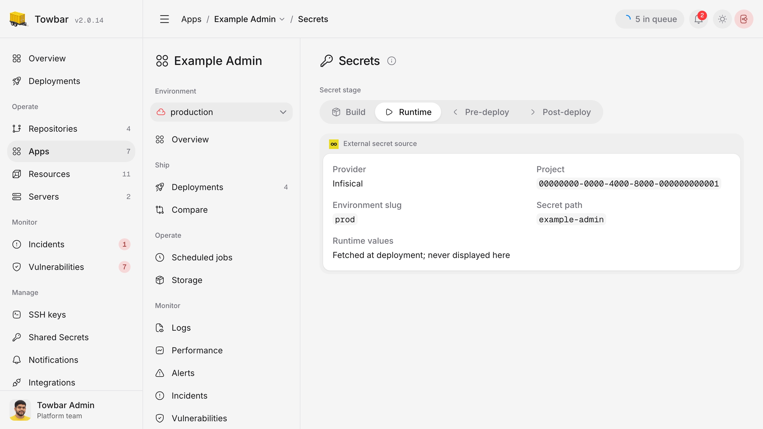 An application's Secrets page showing its Infisical project, environment slug, and secret path without revealing values.