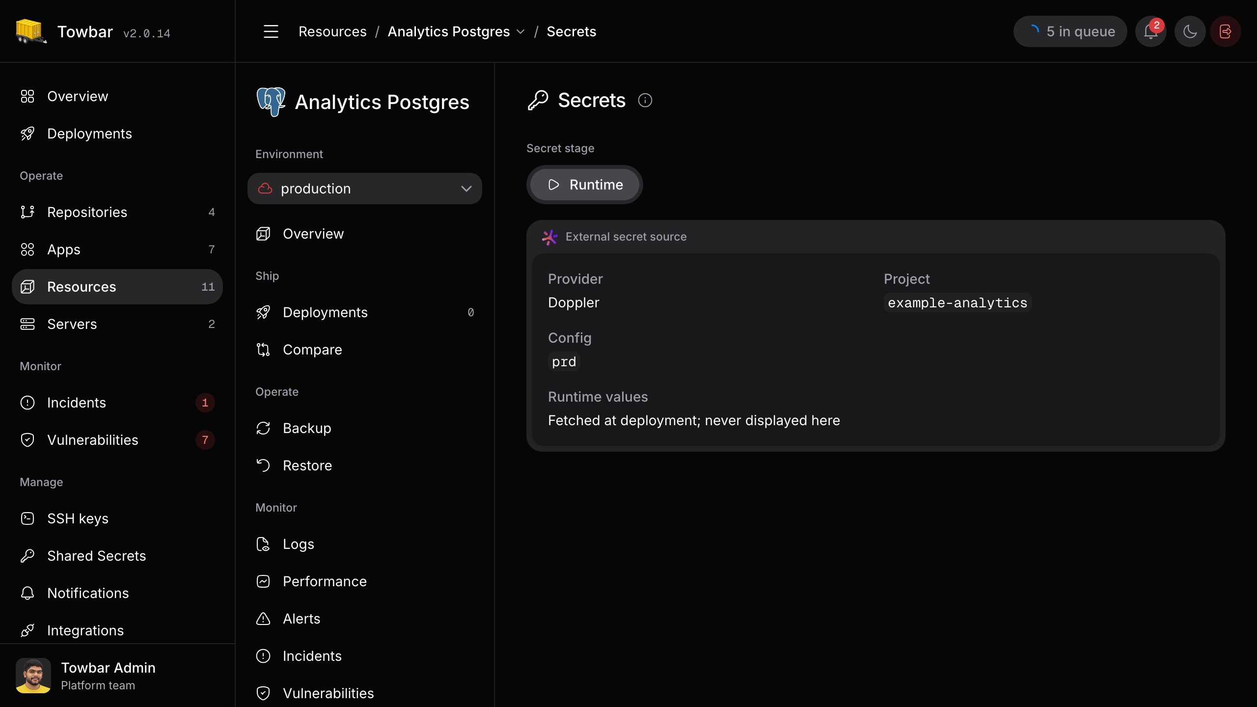 A resource's Secrets page showing its Doppler project and config without revealing values.