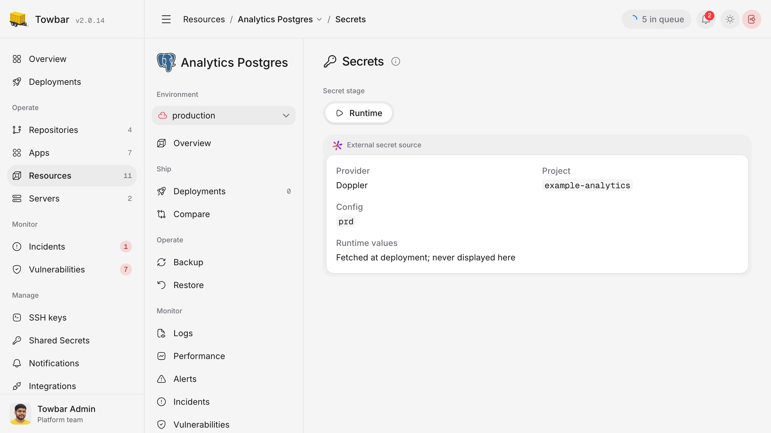 A resource's Secrets page showing its Doppler project and config without revealing values.