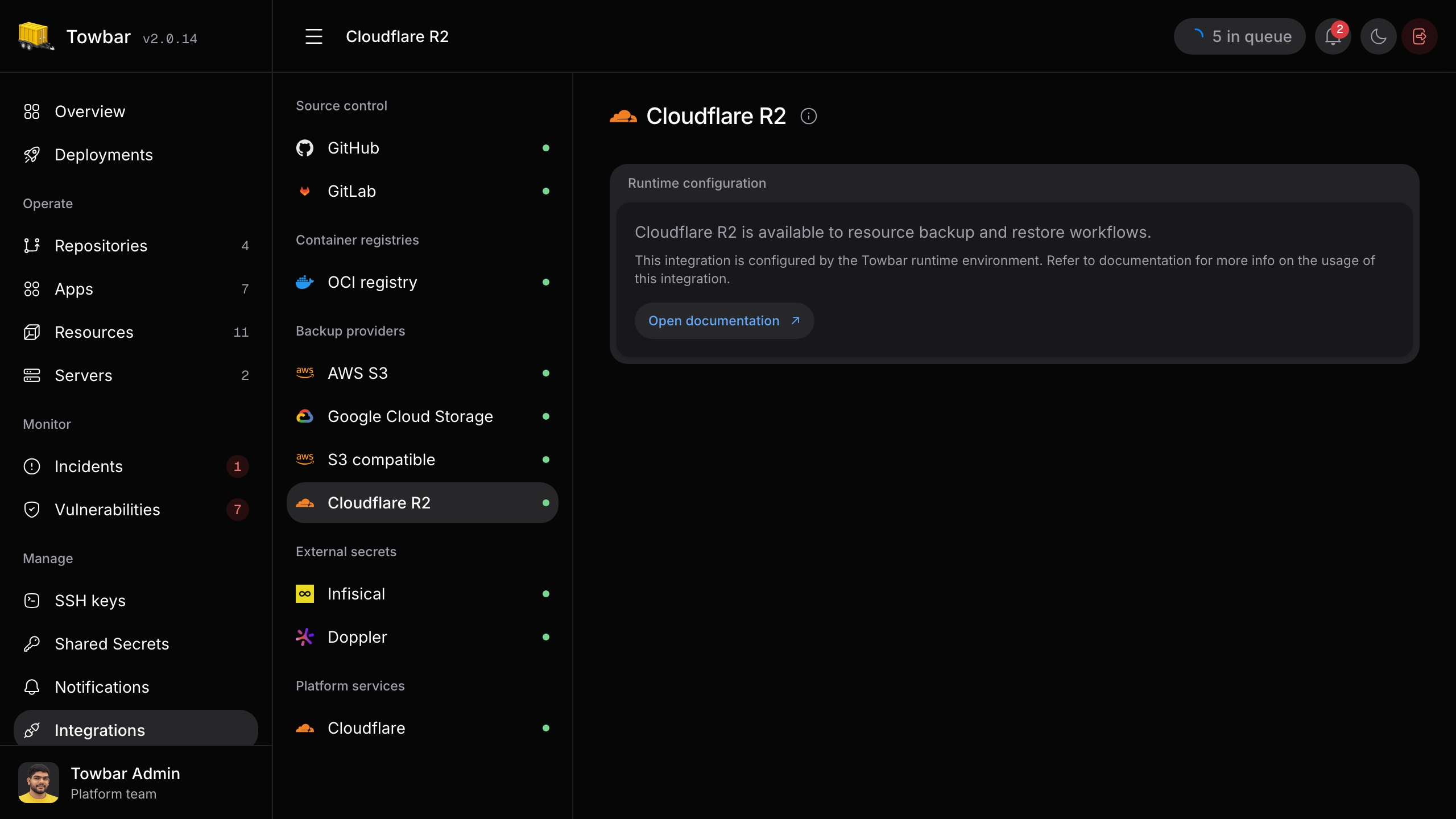 Cloudflare R2 integration settings in Towbar.