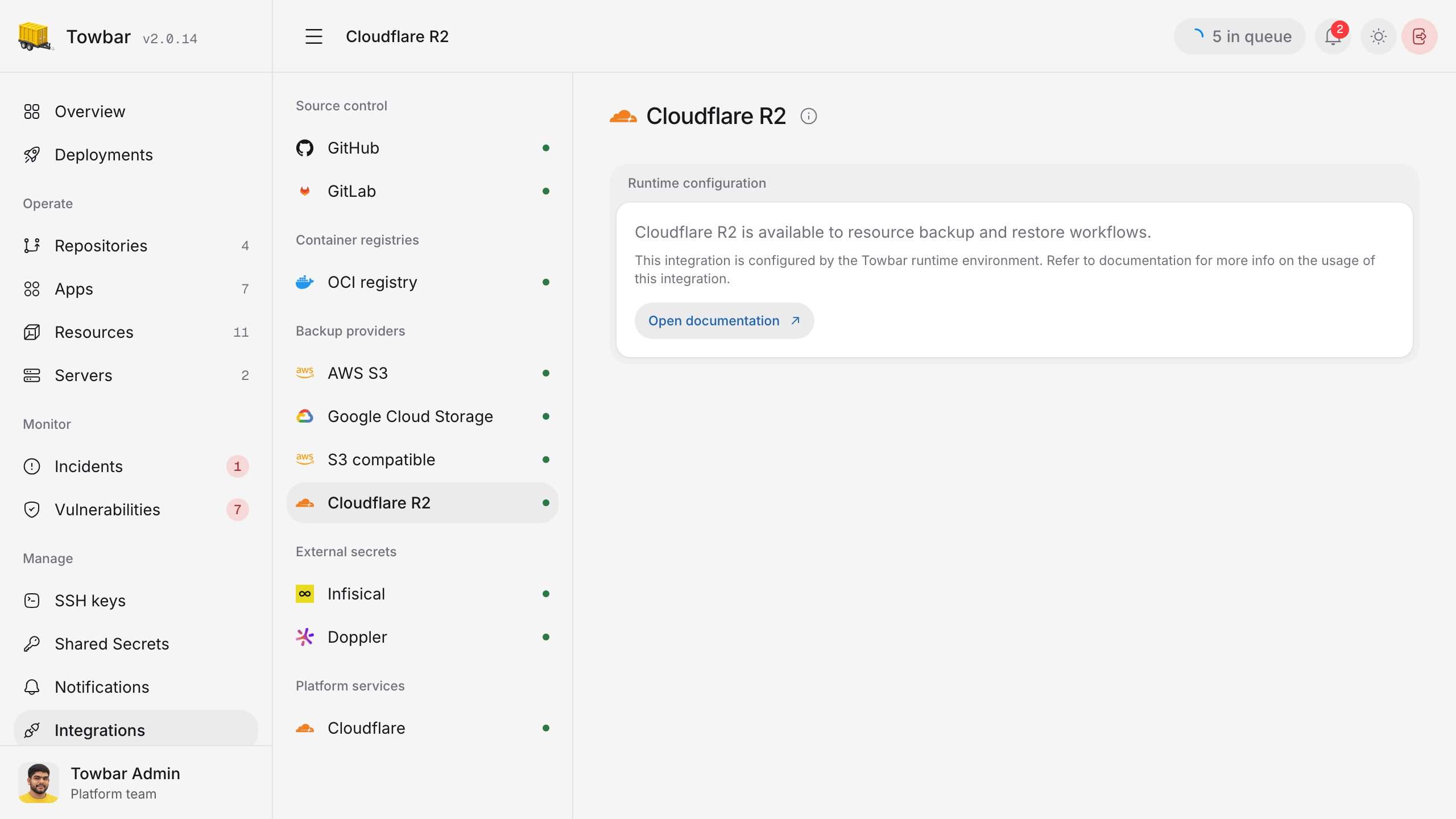 Cloudflare R2 integration settings in Towbar.