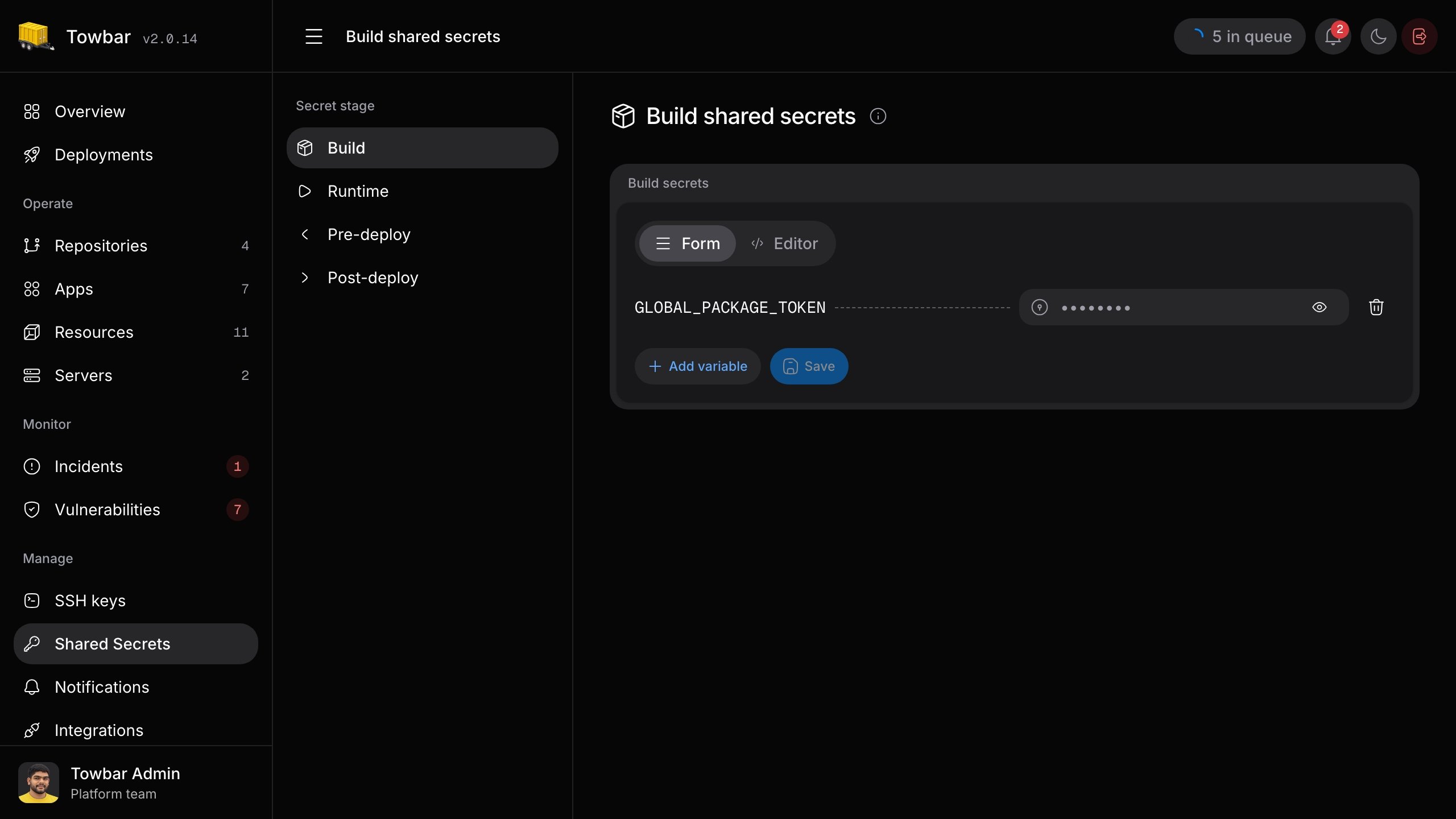 Shared secret names remain visible while saved values are masked.