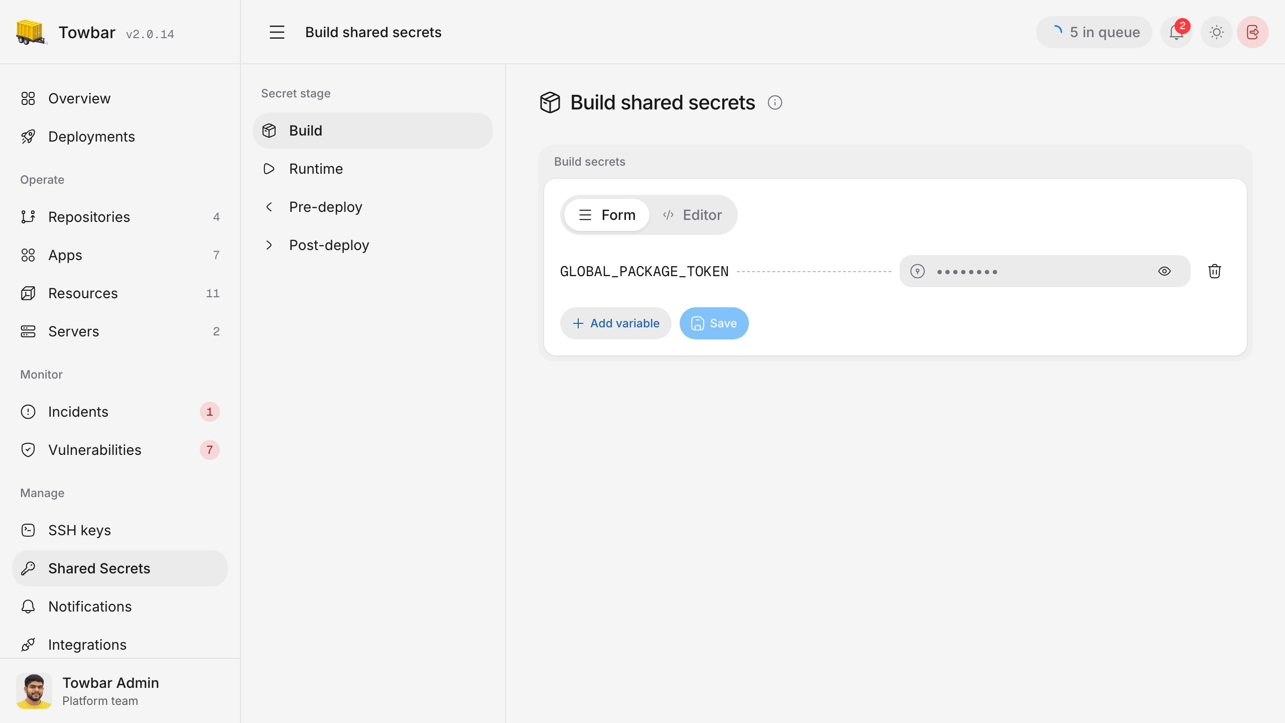 Shared secret names remain visible while saved values are masked.