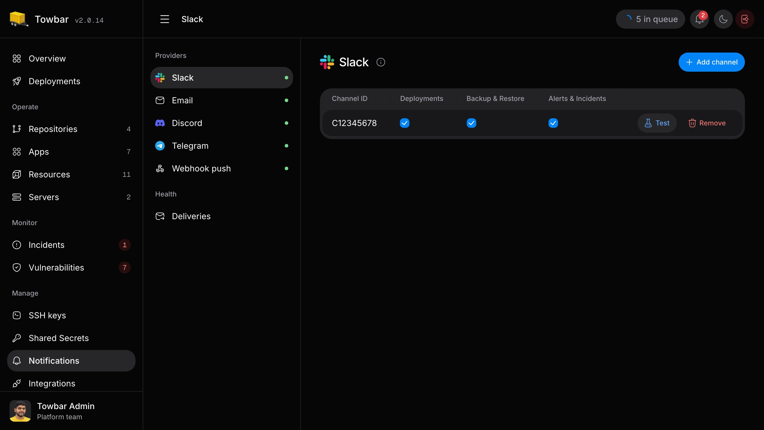 Slack notification destinations and category subscriptions in Towbar.