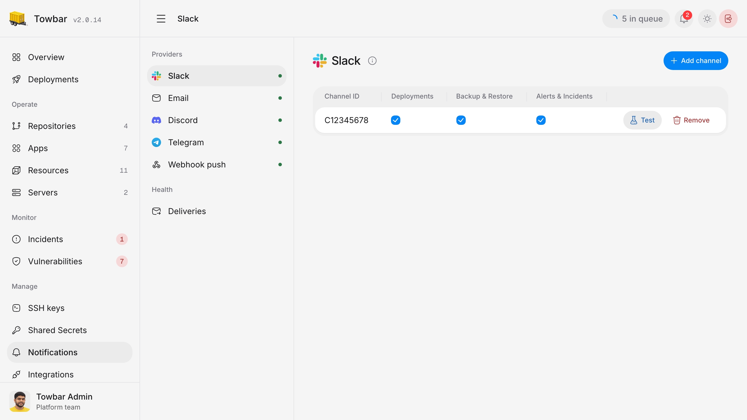 Slack notification destinations and category subscriptions in Towbar.
