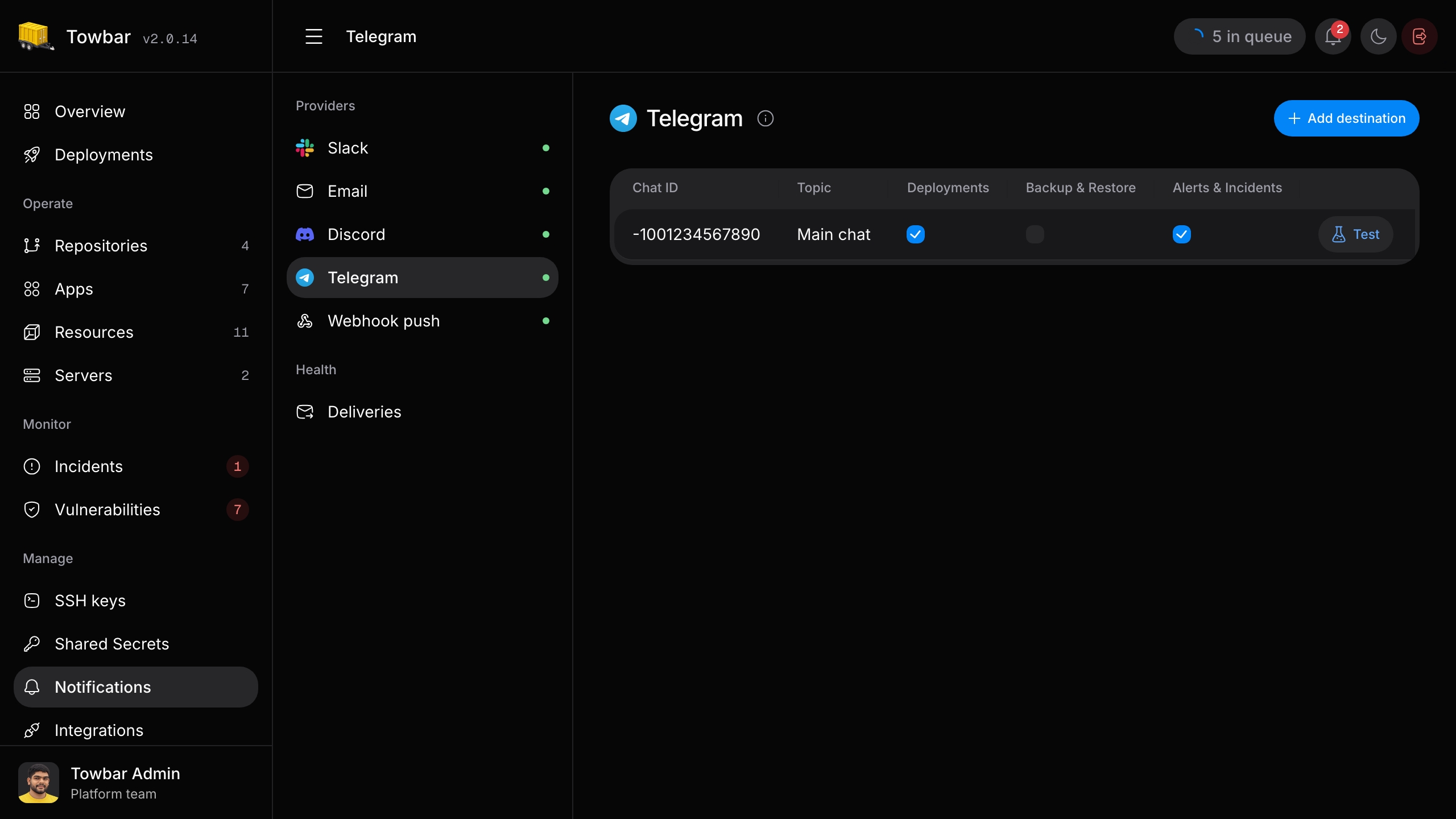 Telegram chat destinations and category subscriptions in Towbar.