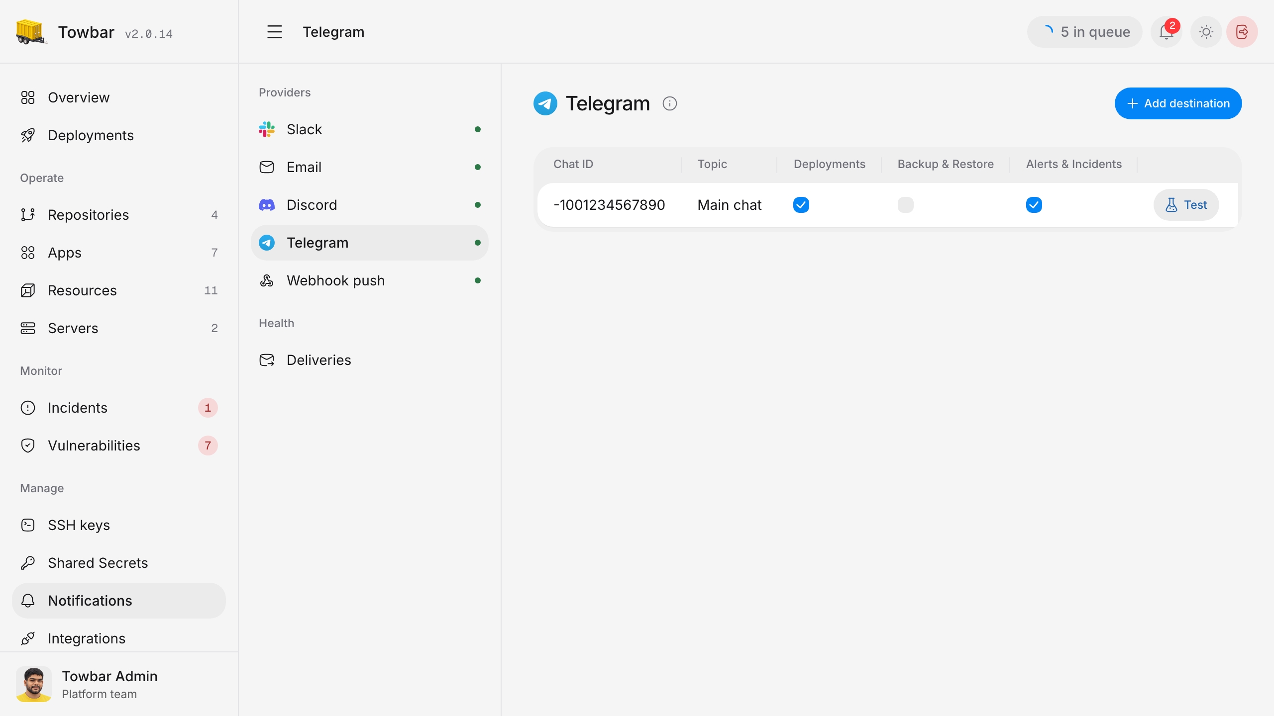 Telegram chat destinations and category subscriptions in Towbar.