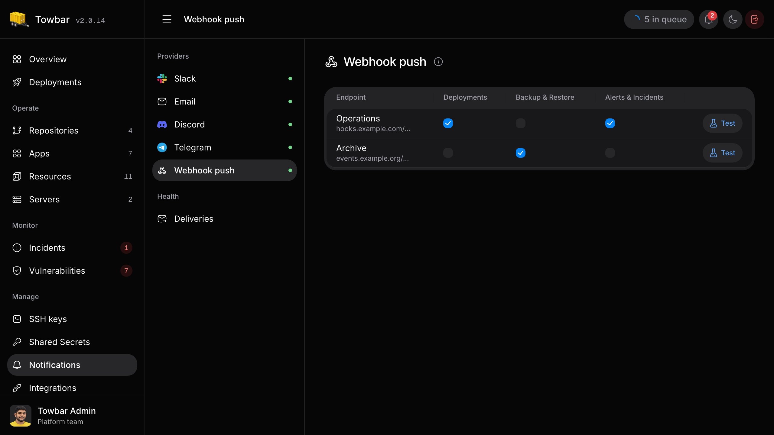 Webhook push endpoints and category subscriptions in Towbar.