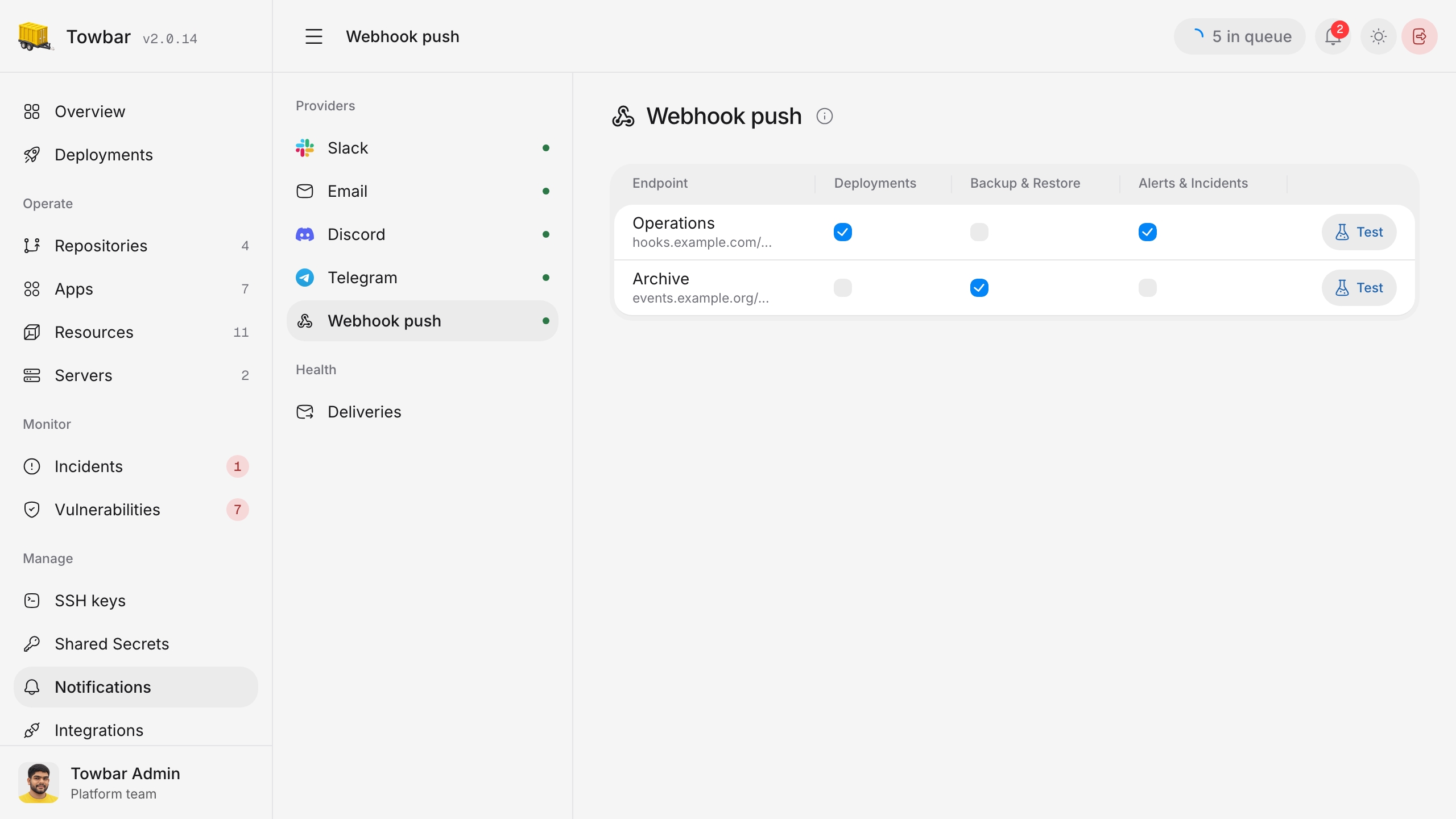 Webhook push endpoints and category subscriptions in Towbar.