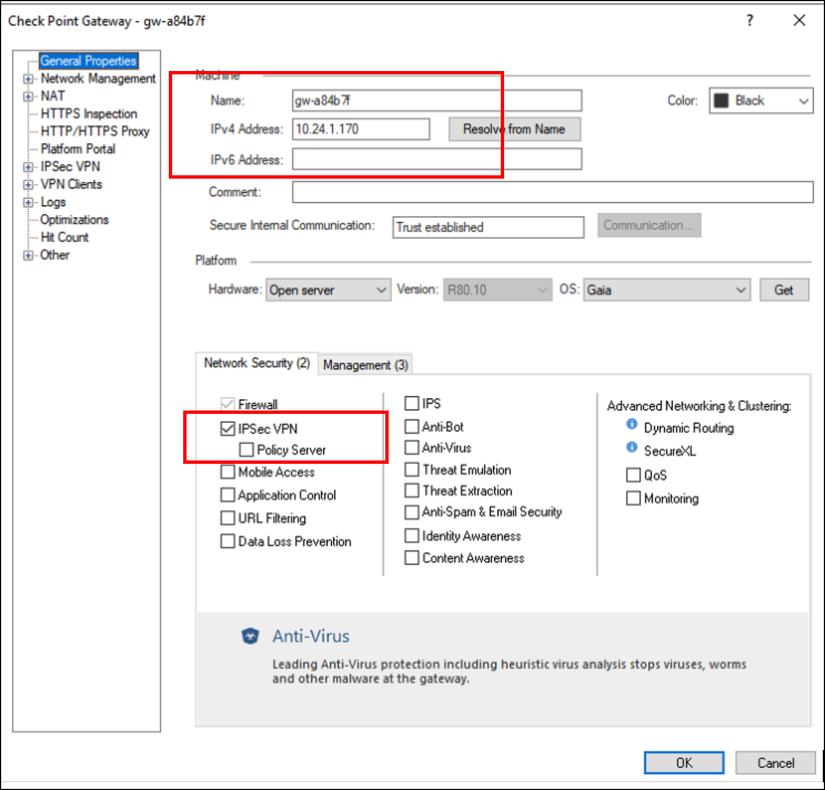 IPsec VPN checkbox selection