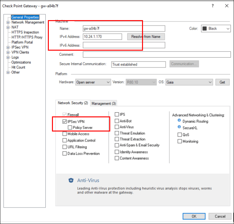 IPsec VPN checkbox selection
