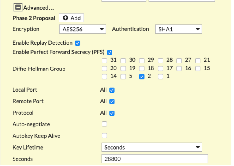 Advanced section of New VPN Tunnel tab