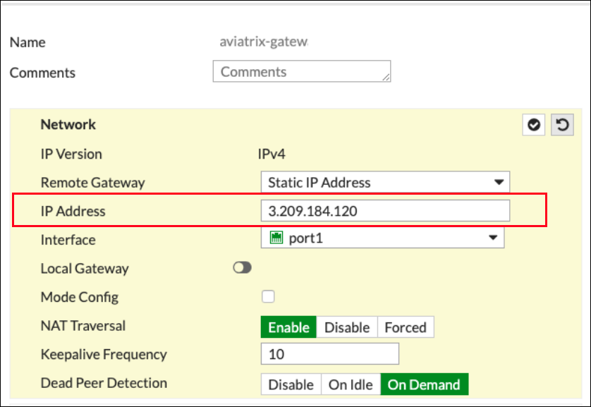 Network section of New VPN Tunnel tab