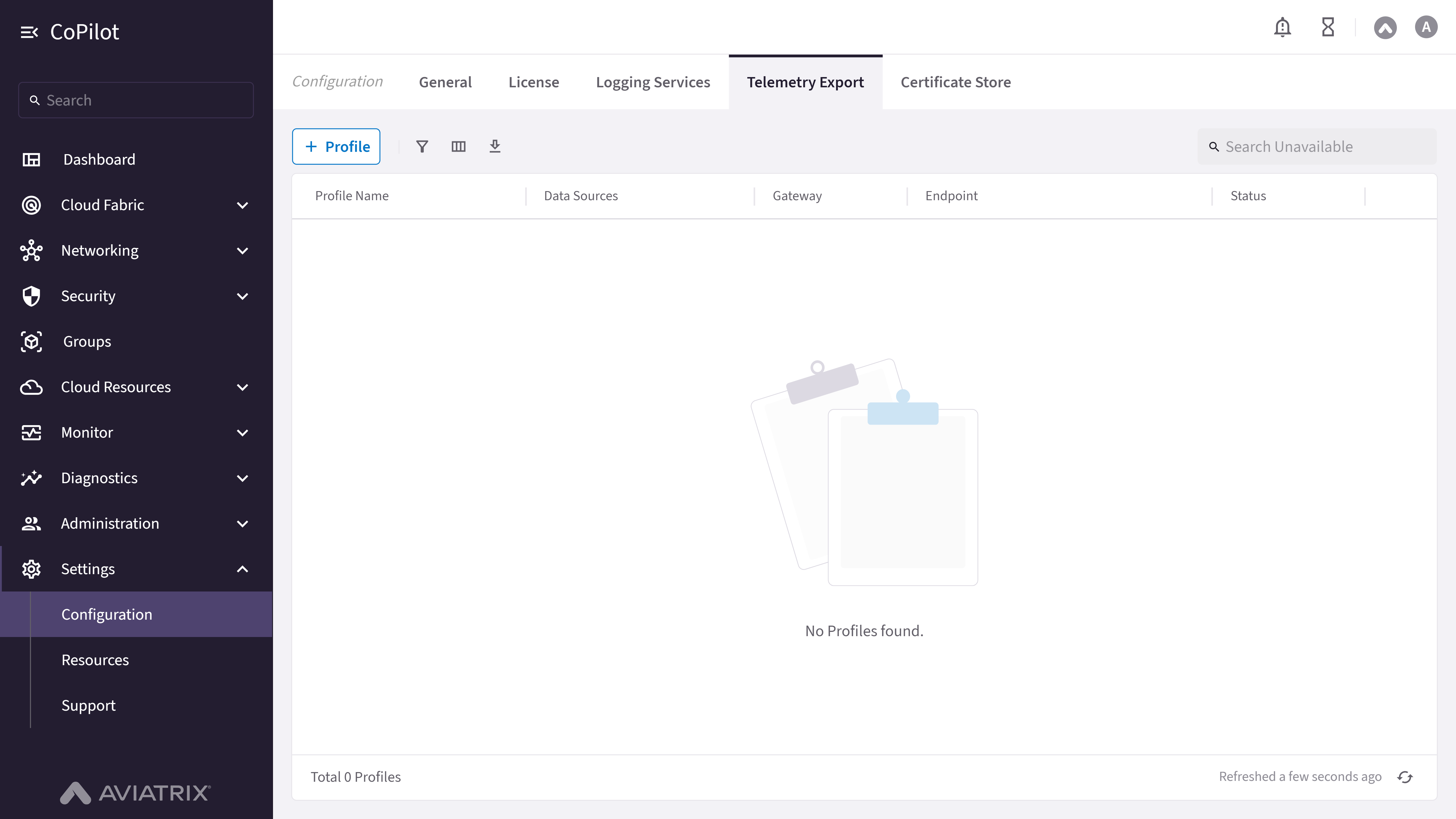Telemetry Export tab on the Settings > Configuration page, listing configured profiles