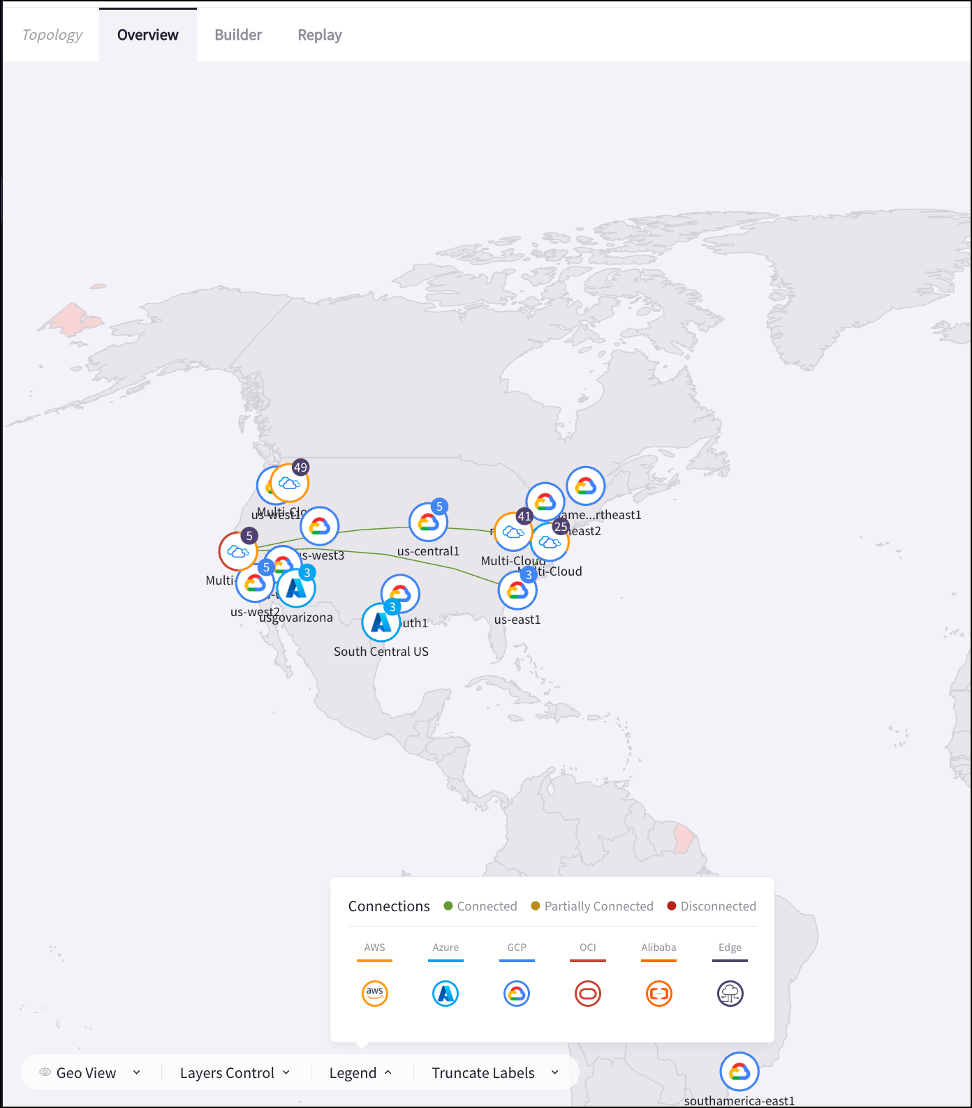 Topology map showing the Geo View with regional connections