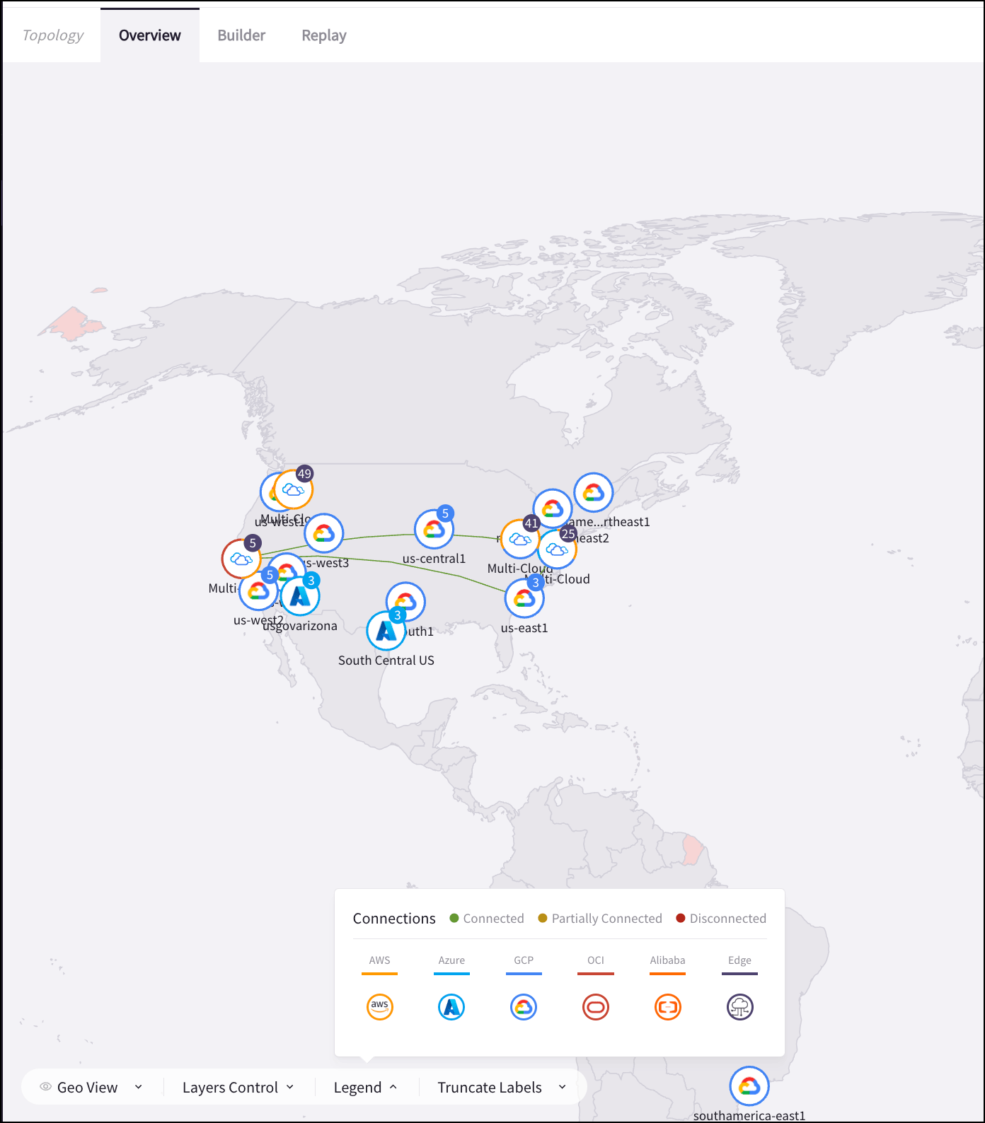 Topology map showing the Geo View with regional connections