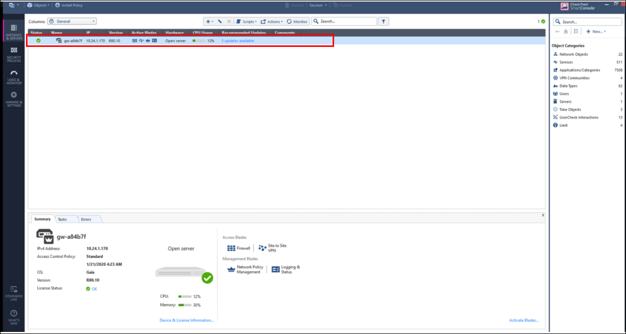 Check Point gateway in SmartDashboard