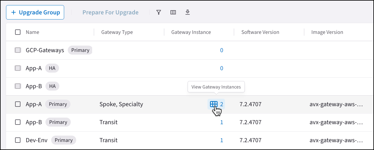Upgrade group detail view showing gateway instances and their status