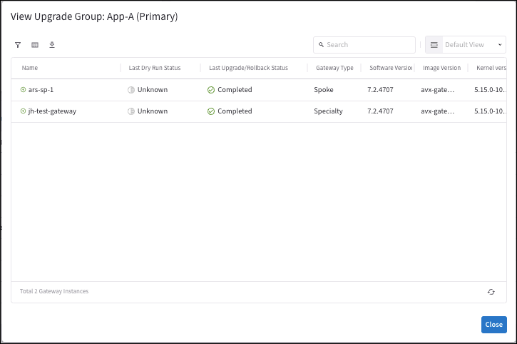 Upgrade group view showing Last Upgrade/Rollback Status