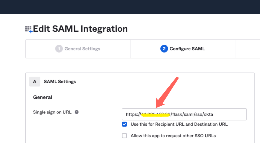 SAML Single Sign On URL configuration