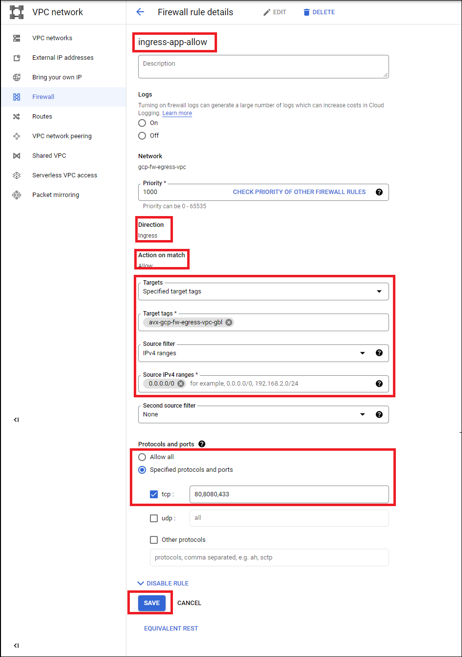 GCP firewall rule for ingress