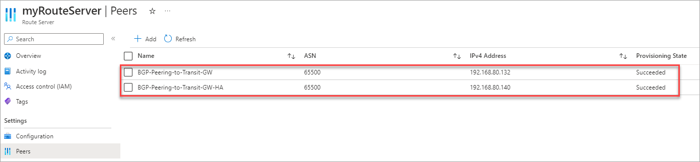 Azure Route Server peers configuration