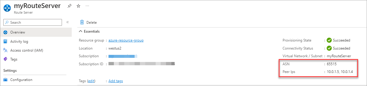 Azure Route Server ASN and private IP addresses