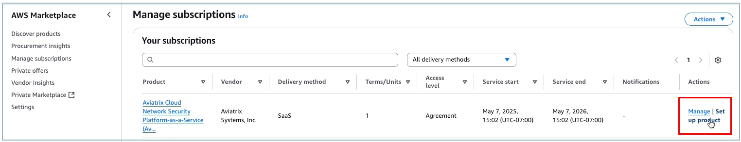 screenshot of manage subscriptions page in aws