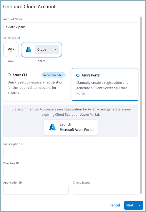 dialog for onboarding azure using the portal