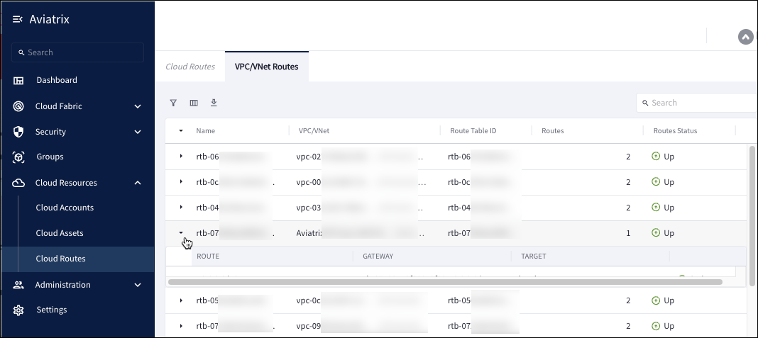 screenshot of VPC/VNet Cloud Routes table