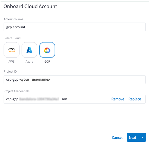 screenshot of GCP onboarding dialog