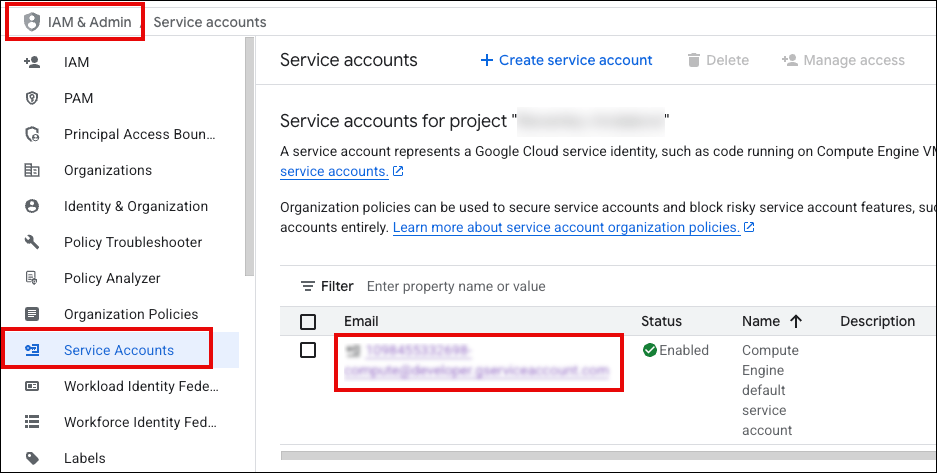 screenshot of GCP service accounts page