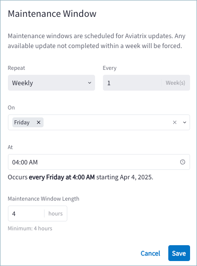 maintenance window dialog