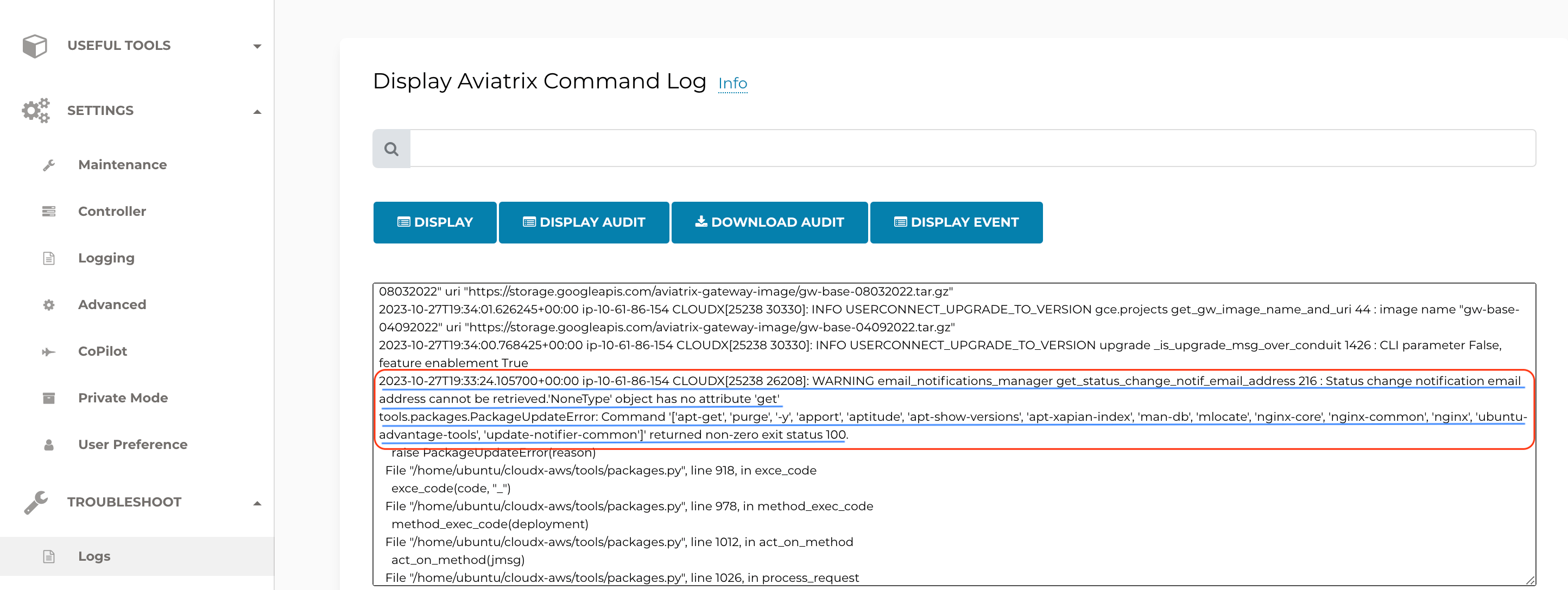 Display Log Warning