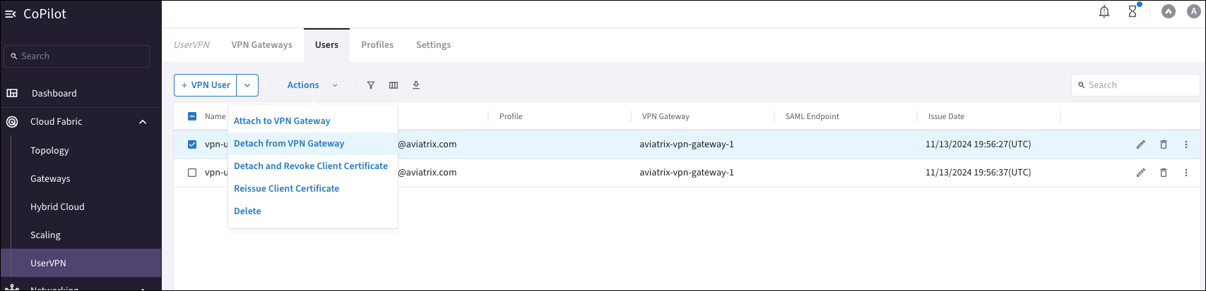 Detaching VPN users from the VPN gateway