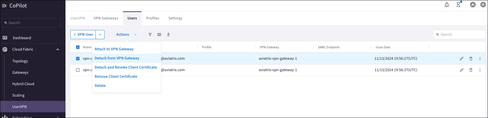 Detaching VPN users from the VPN gateway