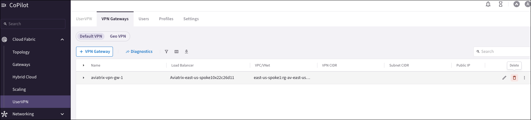 Deleting the VPN gateway