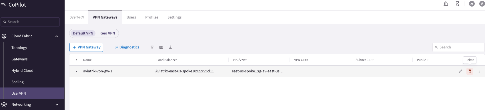 Deleting the VPN gateway