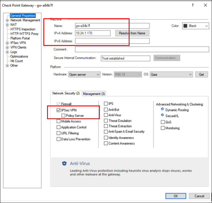 IPsec VPN checkbox selection